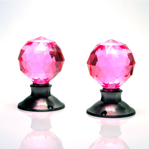 Pink, Faceted Door Handle Pair, Acrylic, Round, Crystal Cut, Turning Door Handle Mechanism, Blush, Mortice Door Knob, Brushed Chrome Base