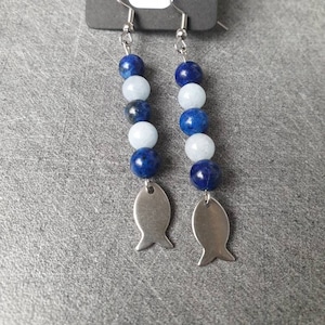 Aquamarine & Lapis lazuli earrings - fish - Natural stones - 6 mm