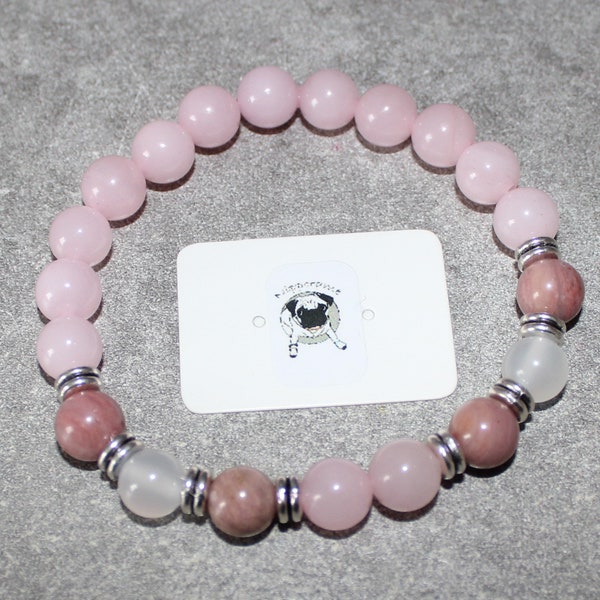 "Happiness" bracelet - Rhodochrosite, White Agate and Pink Quartz - Natural stones - 8mm