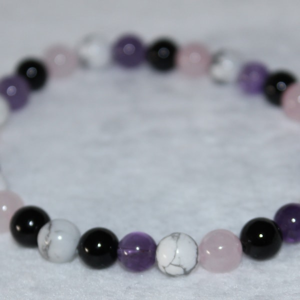 Black Agate, Rose Quartz, Howlite & Amethyst Bracelet - Natural stones - 6 mm