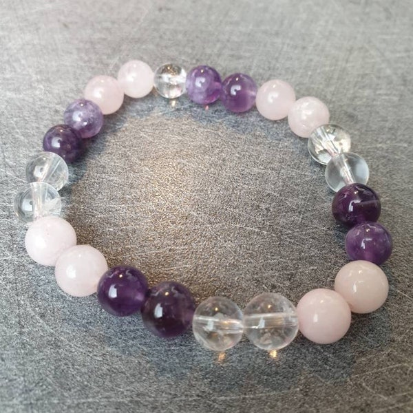 Amethyst bracelet, Rose quartz & Rock crystal - Natural stones - 8mm - Unique piece - Size 16 - Model 2