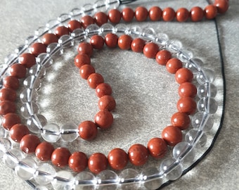 Necklace - Red jasper & Rock crystal - 8mm - Unique piece - Length 82 cm