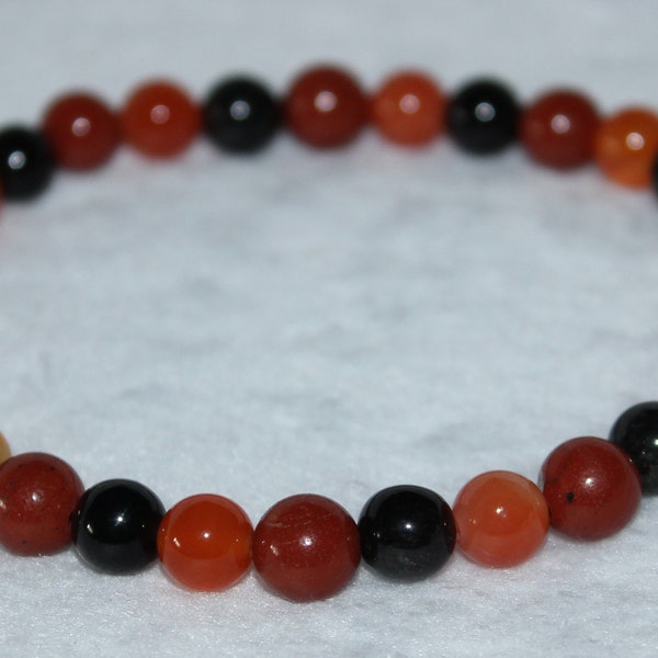 Bracelet Cornaline, Jaspe rouge et Obsidienne - Pierres naturelles - 6mm