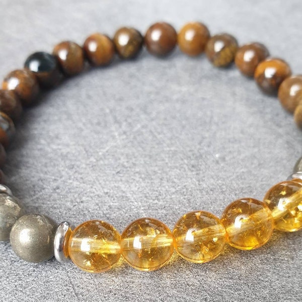 Bracelet "Succès" : Citrine, Pyrite et Oeil-de-tigre - Pierres naturelles - 8mm