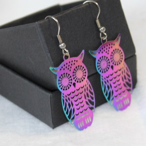 May include: A pair of iridescent owl-shaped earrings. The earrings are made of metal and feature a cut-out design. The colors shift from pink to purple to blue. The earrings hang from silver-colored hooks and are displayed in a black box.
