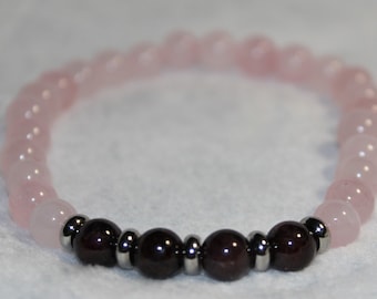 "Amour" bracelet by Nippotame - Garnet and Pink Quartz - Natural stones - 6 mm