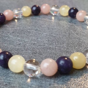 Lepidolite, Rock crystal, Yellow jade & Pink opal bracelet - Natural stones - 6 mm