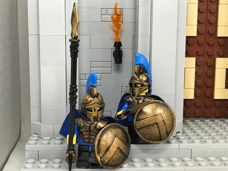 in Antiqued BRONZE with Blue LEGO CASTLE \u2013 Custom Spartan 300 Hoplite Warrior Pair