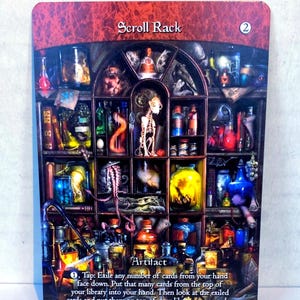 May include: A fantasy-themed card featuring a detailed illustration of a scroll rack filled with potions, jars, and a skeleton. The card is labeled "Scroll Rack" with the number "2" and the word "Artifact". The card has a dark red and brown color scheme.