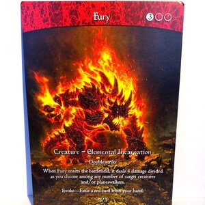 May include: A trading card with a red border, featuring a fiery creature named Fury. The card displays the text "Fury" at the top and "Creature - Elemental Incarnation" below. The creature is illustrated in shades of red and orange, with additional game text.