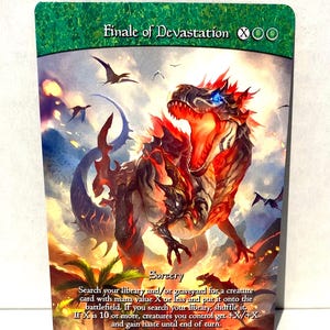 May include: A fantasy card depicting a fiery red and black dinosaur with blue eyes, set against a sunset and flying creatures. The card is labelled "Finale of Devastation" and includes game text.