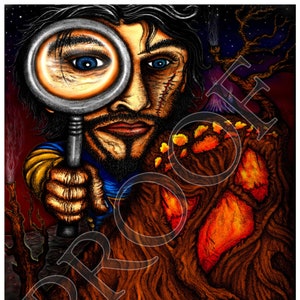 May include: A man with a beard and a scar on his face looks through a magnifying glass at a large, dark brown tree with orange and red accents. The tree has a textured bark and appears to be growing out of a rocky, volcanic landscape.