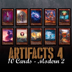 Puede incluir: Un conjunto de 10 cartas de Magic: The Gathering que representan varios artefactos. Las cartas tienen un borde rojo y negro con un fondo rojo. Las cartas están dispuestas en dos filas de cinco. Todas las cartas son del set Modern 2. Todas las cartas son del set Artifacts 4.