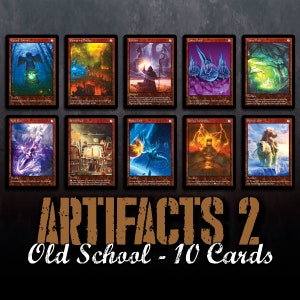 May include: A set of 10 collectible trading cards featuring fantasy artwork. The cards are red with gold trim and feature various creatures and scenes. The cards are titled "Artifacts 2 Old School - 10 Cards".