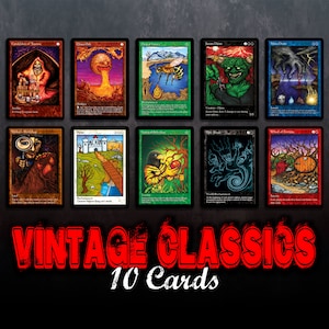 May include: A set of ten vintage Magic: The Gathering cards featuring various illustrations, including a creature with a magnifying glass, a bee, a goblin, and a wheel of fortune. The cards are arranged in two rows of five, with the text "Vintage Classics 10 Cards" at the bottom.