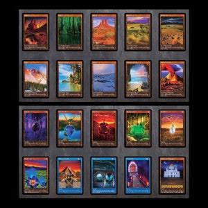 May include: A set of 20 Magic: The Gathering cards featuring various landscapes, jewels, and other fantasy elements. The cards are arranged in a grid pattern on a dark background.