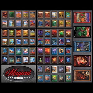 May include: A collection of 72 fantasy-themed trading cards featuring various landscapes, creatures, and magical elements. The cards are arranged in a grid pattern and have a silver border with a black background. The cards are all in mint condition and are perfect for collectors or players.