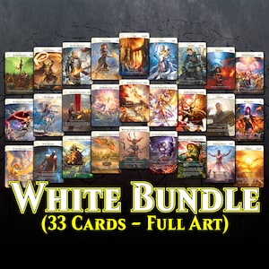 May include: A collection of 33 full-art trading cards featuring white characters and imagery. The cards are arranged in a grid with a white background and a yellow banner at the bottom that reads "WHITE BUNDLE (33 CARDS - FULL ART)".