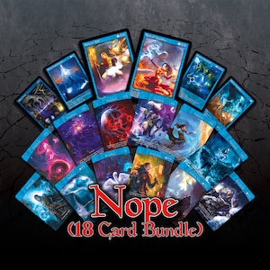 Puede incluir: Un conjunto de 18 cartas de juego de temática fantástica con bordes azules e ilustraciones coloridas. Las cartas están dispuestas en forma de abanico con el texto "Nope (18 Card Bundle)" en la parte inferior.