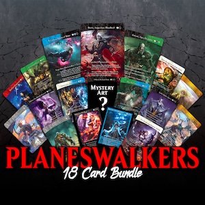 May include: A collection of 18 trading cards featuring Planeswalkers, with a mystery art card. The cards are arranged in a circle with the mystery card in the centre. The cards are colourful and feature various characters and creatures.