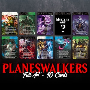 May include: Ten full-art Magic: The Gathering Planeswalker cards, featuring various characters and artwork. The cards are arranged in two rows of five, with the text "PLANESWALKERS Full Art - 10 Cards" at the bottom.