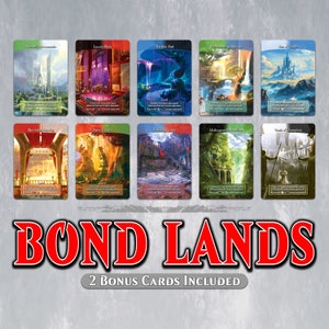 May include: A set of ten Magic: The Gathering cards featuring colorful landscapes and the text "BOND LANDS 2 BONUS CARDS INCLUDED".