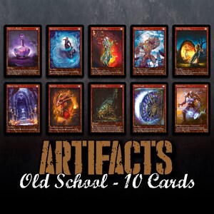 May include: A set of 10 collectible trading cards featuring fantasy artwork. The cards are red with gold accents and feature illustrations of various magical artifacts. The cards are titled "Artifacts Old School - 10 Cards".