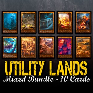 May include: A set of 10 Magic: The Gathering cards featuring utility lands. The cards are in a gold frame with a black background. The cards feature various landscapes and scenes, including a desert, a swamp, a city, and a volcano.