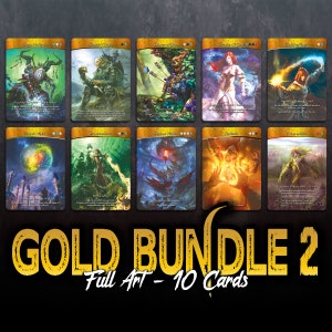 May include: A set of 10 gold-bordered trading cards featuring full-art illustrations of various fantasy creatures and characters. The cards are part of a "Gold Bundle 2" collection.