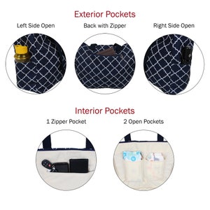 May include: A navy blue tote bag with a white geometric pattern. The bag has multiple pockets, including a zippered pocket on the back, two open side pockets, and an interior zippered pocket and two open pockets.