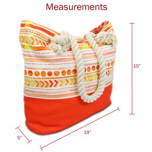 May include: Orange and white canvas tote bag with rope handles. The bag measures 19 inches wide, 15 inches tall, and 5 inches deep.