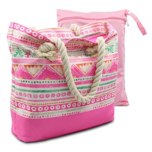May include: A pink and white patterned tote bag with rope handles. The bag has a separate pink waterproof wet bag with a zipper.