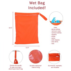May include: Orange waterproof wet bag with a zipper closure and a handle. The bag measures 15.5 inches by 11.5 inches. It is labeled "Wet Bag Included!" and lists uses for the bag, including damp clothes, wet swim wear, workout clothes, slippers, shoes, socks, cloth diapers, dirty items, and toys.