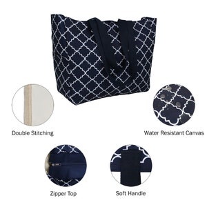 May include: A large navy blue tote bag with a white geometric pattern. The bag has a zipper closure at the top and two soft black handles. The bag is made of water-resistant canvas and has double stitching for durability.