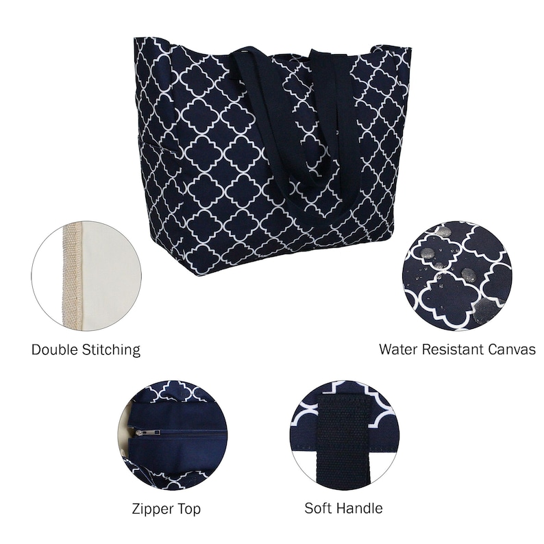 May include: A large navy blue tote bag with a white geometric pattern. The bag has a zipper closure at the top and two soft black handles. The bag is made of water-resistant canvas and has double stitching for durability.