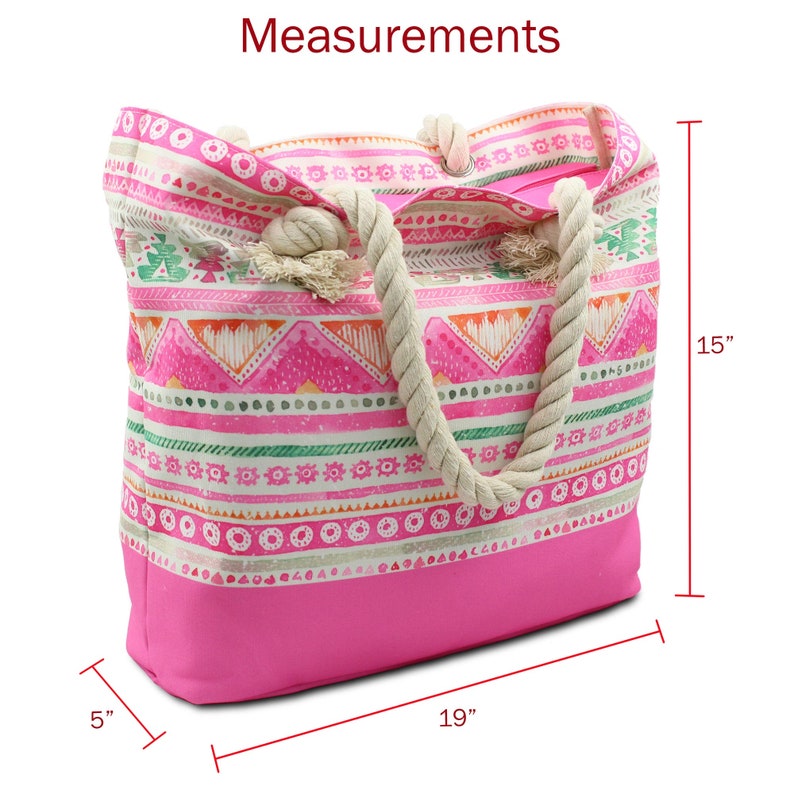 May include: A pink and white canvas tote bag with a geometric pattern and rope handles. The bag measures 19 inches wide, 15 inches tall, and 5 inches deep.