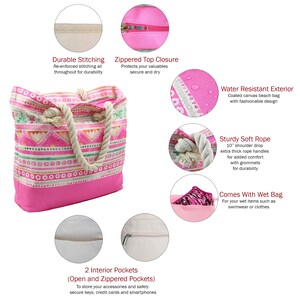 May include: Pink and white striped canvas beach tote bag with rope handles. Features include a zipped top closure, water resistant exterior, two interior pockets, and a separate wet bag.