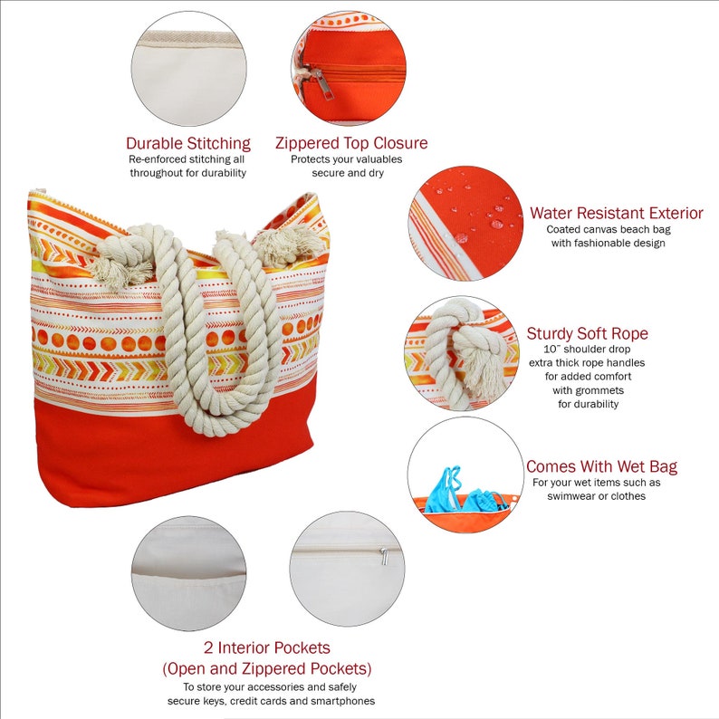 May include: Orange and white striped beach tote bag with a zippered top closure, two interior pockets, and thick rope handles. The bag also includes a separate waterproof wet bag.
