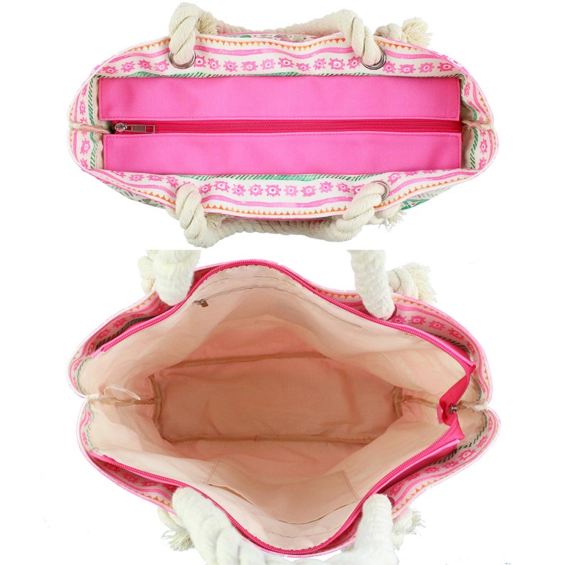 May include: A pink and white striped tote bag with rope handles. The bag has a zipper closure and a pink lining. The bag is shown open and empty.