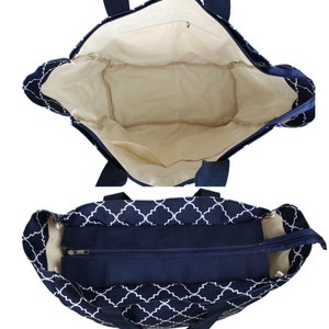 May include: A navy blue tote bag with a white geometric pattern. The bag has a zippered closure and a small interior pocket. The bag is unzipped and laying flat.
