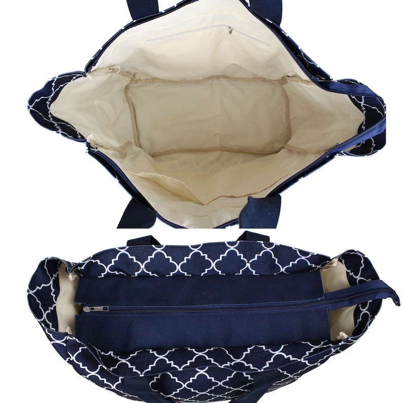 May include: A navy blue tote bag with a white geometric pattern. The bag has a zippered closure and a small interior pocket. The bag is unzipped and laying flat.