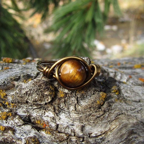 Tigers eye ring, tigers eye wire ring, tigers eye crystal ring, gemstone wire ring, wire wrapped ring, custom made ring, yellow tigers eye