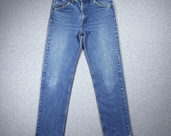 Vintage jaren 70 Levi's 505 jeans oranje tab Talon zip, medium wash blauw 30 x 31 rechte pijpen, USA gemaakt