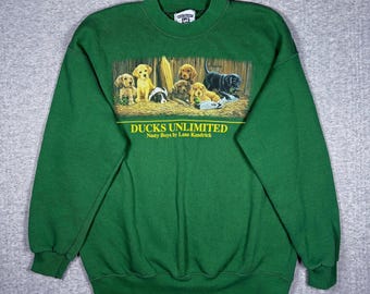 Vintage Ducks Unlimited Crewneck Sweatshirt Green Size L &quot;Nasty Boys&quot; Puppies 90s Bird Hunting
