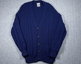 Vintage Patrick Maguire Cardigan Sweater Wool Made in Ireland Blue Chunky Cable knit Fisherman Mens Size Large