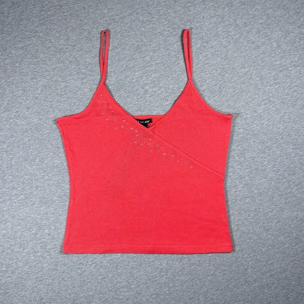 Y2K Crop Tank Top V-Neck Cami Coral Rhinestones Women’s Large Lixa Vintage NWT