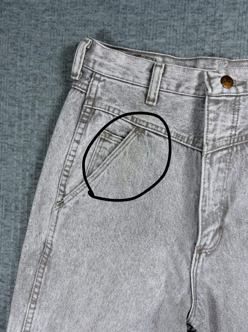 Peut inclure: Gros plan sur un jean en denim gris d&eacute;lav&eacute; &agrave; l'acide. Le jean a une conception classique &agrave; cinq poches, avec une petite poche sur le devant. Le denim a un aspect d&eacute;lav&eacute; et textur&eacute;. Le jean est boutonn&eacute; &agrave; la taille.