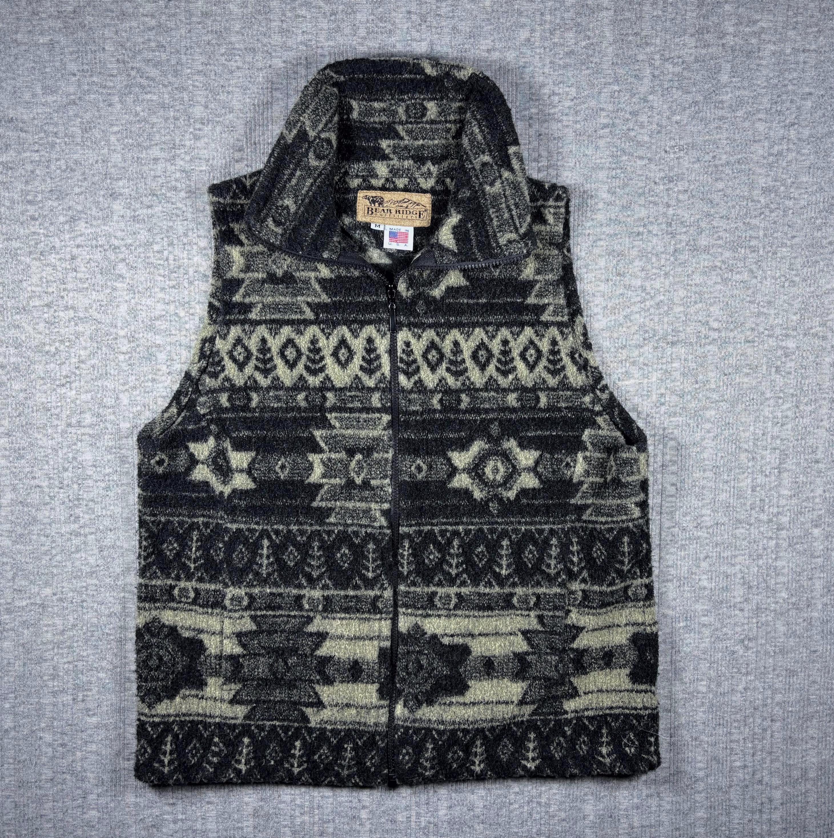 Vintage Bear Ridge Outfitters Fleece Wool Vest Black Womens SIze Medium Western Aztec USA Made