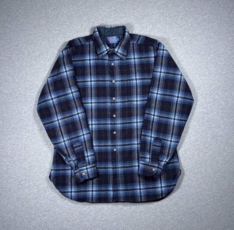 Pendleton Wool Plaid Flannel Button Up Long Sleeve Shirt Mens XL Blue Black 70s Western image 1