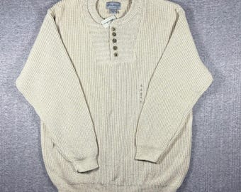 Vintage Eddie Bauer Mens Sweater Chunky Henley Tan Beige Size L USA Made NWT 90s Deadstock